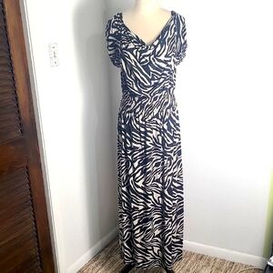 Ace Tan & Black Zebra Print Maxi Dress, Wide Shirred Waistband, Cowl Neck,Sz XL